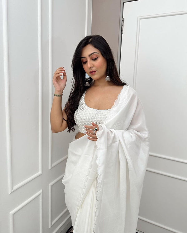 Desuetude 1-Minute Ready To Wear White Georgette Saree