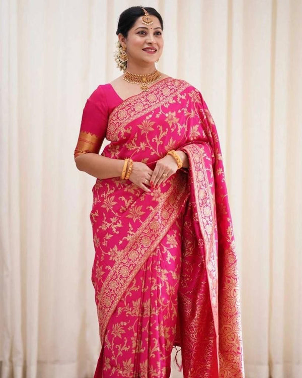 Dark Green And Pink Zari Work Soft Lichi Silk Saree