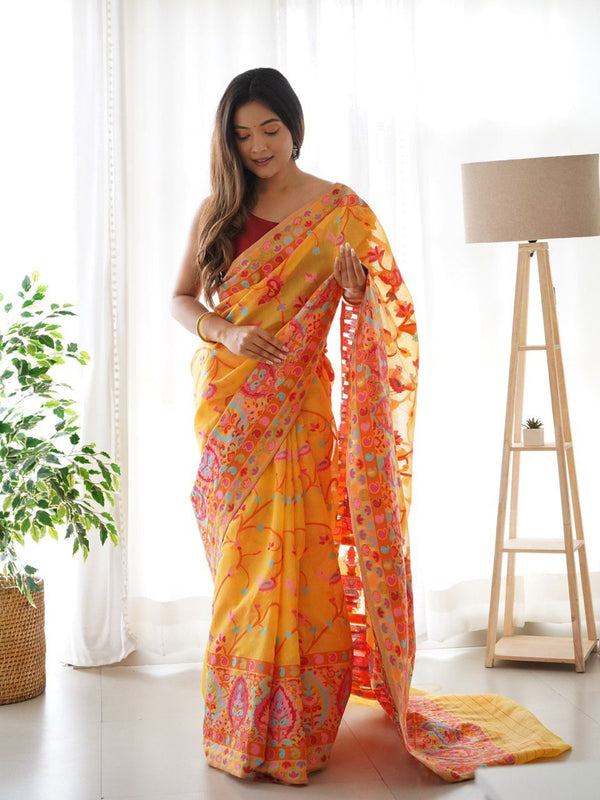 Yellow Kashmiri Modal Handloom Weaving Saree